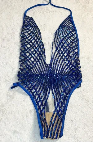 Brazilian Blue Sequin Sheer Plunge One-Piece Thong Side Tie Swimwear Size Small thumbnail 1