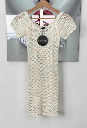 White Fox Crochet Mini Dress Cream Off White Swim Suit‎ Cover Up XS S NWT thumbnail 1