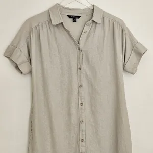 Well Worn Linen Blend Button Down Shirt Dress Short Sleeve Beige Pockets Small thumbnail 10