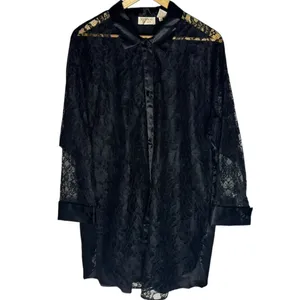 Vintage Gold Label Victorias Secret Satin‎ And Lace Robe Black Whimsigoth M/L thumbnail 2
