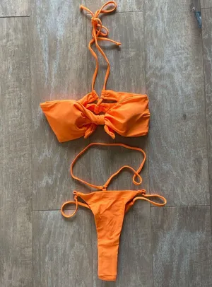 Orange two piece bikini set bandeau bikini top and cut out waist bikini bottom S NEW thumbnail 1