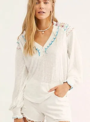 Free People White Siesta crochet embroidered colorful boho blouse small thumbnail 1