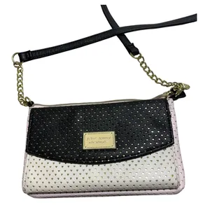 Betsey Johnson Crossbody Bag Perforated Hearts Black White Pink Gold Chain thumbnail 1