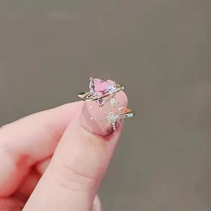 18K Gold Plated Adjustable Pink Crystal Love Heart Ring for Women thumbnail 2