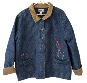 VTG HAIK’S Quilted Denim Jacket 2X USA Floral Patch Corduroy Collar Americana thumbnail 1