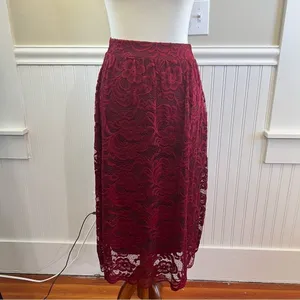 Lace Midi Skirt Burgundy Floral Scalloped Hem High Waist Size Small thumbnail 8