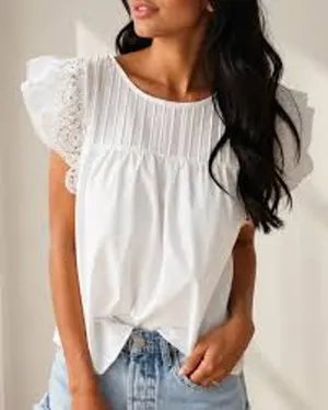 AQUA Juliana Flutter Sleeve Top ROMANTIC FEMININE 100% COTTON White Size Small S thumbnail 1