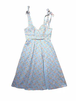 Lavish Lice Blue Floral Pleated Tie Strap Cotton Blend Midi Dress Womens 12 thumbnail 2