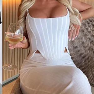 ReoRia Sexy Square Neck Trendy White Clean Girl Corset Crop Top Sz L thumbnail 1