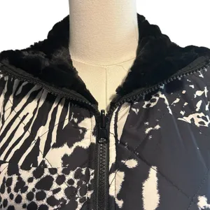 Puffer Vest Faux Fur Lined SM Black White Pockets Quilted Animal Print Multiples thumbnail 3