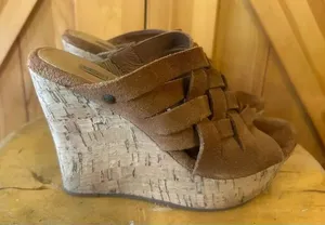 UGG Marta chestnut cork, slip on wedges, size 6 soft suede with woven straps thumbnail 1