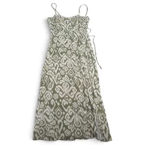 Zara Womens Green Ikat Print Lace Up Back Midi Dress Ruched Slit Summer‎ Boho M thumbnail 3