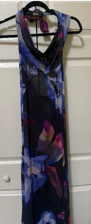 Purple Blue Floral Sheer Mesh Halter Cowl Maxi Dress thumbnail 1