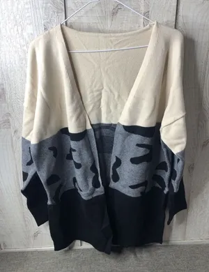 Womens Colorblock Abstract Print Open Front Cardigan Grey Cream Black Large thumbnail 1