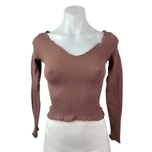 Free People FP Movement Nude Pink Lettuce Rib Knit Long Sleeve Crop Top Sz XS/S thumbnail 2