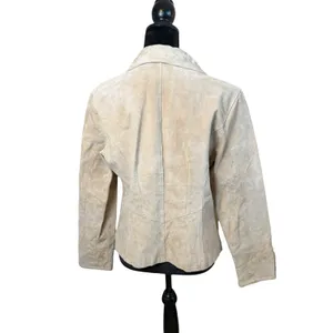 AMI Womens Genuine Suede Leather Jacket Large Tan Full Zip Pockets Lined Neutral thumbnail 5