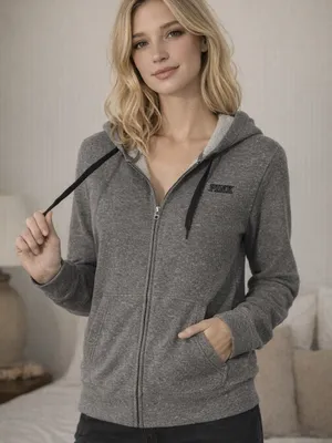 PINK Victoria's Secret Gray Zip Hoodie with Black Drawstrings Y2K thumbnail 1