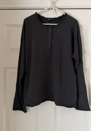 Zara Charcoal Distressed Long Sleeve Quarter Button Down Top thumbnail 1