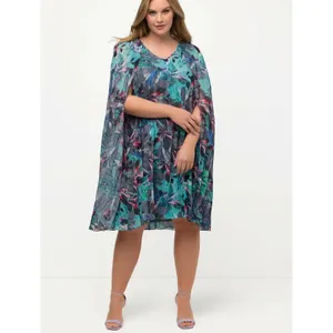 Ulla Popken Size-20/22-Tropical Cape Floral Pleated Chiffon Dress‎ Teal thumbnail 2