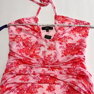 NWT Lulus Hot Off The Mesh Pink Floral Ruched Bodycon Halter Mini Dress LARGE‎ thumbnail 7