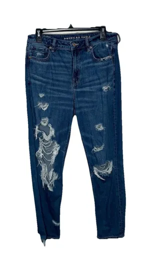 American Eagle Mom Strigid Jean Blue Jeans High Rise Distress Denim Sz 10 Womens thumbnail 1