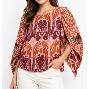 Farm Rio Women's Blouse Orange Pink Size L Puff Sleeve Boho Floral Peasant Top thumbnail 1