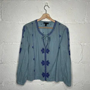 J.Crew‎ Women's Blue Cotton Peasant Boho Tie Blouse Size 2 thumbnail 2