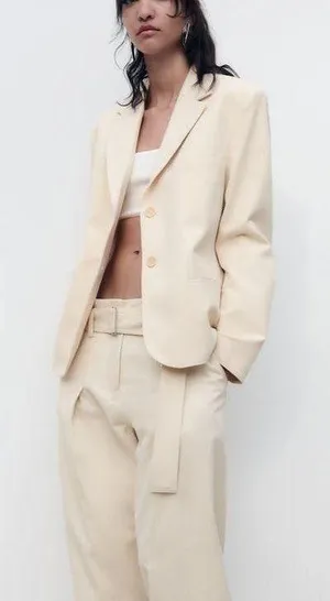 ZARA blazer cotton casual boyfriend relaxed mom classic beige thumbnail 1