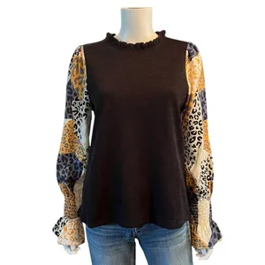 THML Animal Print Sleeve Ribbed Mock Neck Balloon Top Chic Ruffle Coquette L thumbnail 2