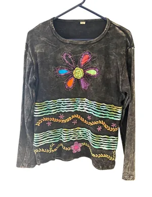 Womens Acid Wash‎ Embroidered Floral Long Sleeve Top Boho Art to Wear Grey L thumbnail 1