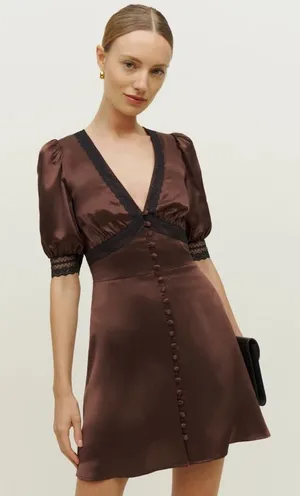 Reformation Brigitta Silk Dress Cafe Brown Mini Puff Sleeve Black Lace - Size 4 thumbnail 1
