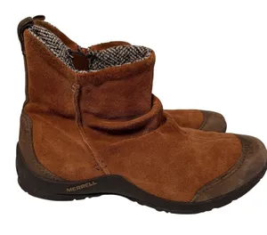 Merrell Freisa slouch Brown Suede Ankle Boots Side Zip Comfort Casual‎ Size 7.5 thumbnail 1