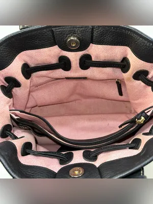 Dooney & Bourke Black Pebbled Leather Drawstring Satchel Bag Pink Gingham Lined thumbnail 4
