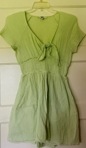 True Craft Sage Green Tie-Front Smocked Waist Tunic Gauzy Dress thumbnail 1
