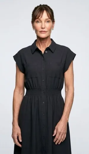 Black Button-Front Shirtdress with Smocked Waist‎ thumbnail 1