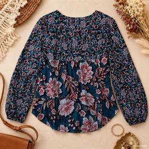 Band of the Free Blue Red Floral V-Neck Long Sleeve Blouse Small NWT thumbnail 3