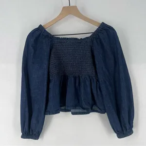 J.‎ Crew Dark Blue Chambray Smocked Puff Sleeve Top Peasant Milkmaid thumbnail 12