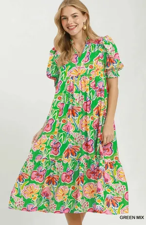 Umgee Floral Print Puff Sleeve Tiered Midi Dress - Green Mix - Small thumbnail 1