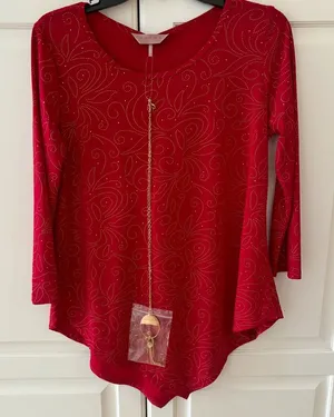 Amanda red gold embellished tunic top with‎ necklace. Size small thumbnail 1