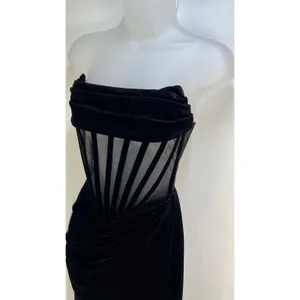 Miss Circle Priya Black Draping Corset High Slit Velvet Gown thumbnail 4