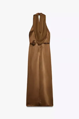 Zara Brown Satin maxi long Dress evening party holiday wedding cocktail gown thumbnail 7