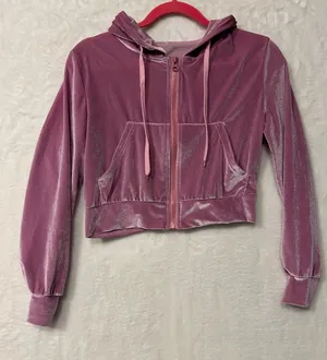 Juicy Couture Velour‎ Cropped Zip Up Hoodie Rhinestone Logo Mauve Pink Medium thumbnail 1