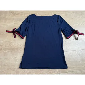 EUC Womens‎ Lauren Ralph Lauren boat neck Navy red stripe bow short sleeve top L thumbnail 2