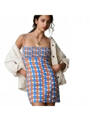 Anthropologie Ophelia Sleeveless Linen Mini Dress Size 12 Blue Orange Homecoming thumbnail 2