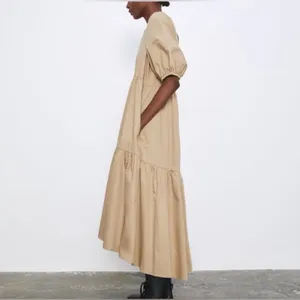 ZARA Asymmetric Puff Sleeve Tiered Cotton Poplin Midi Dress‎ in Camel Size XS thumbnail 11
