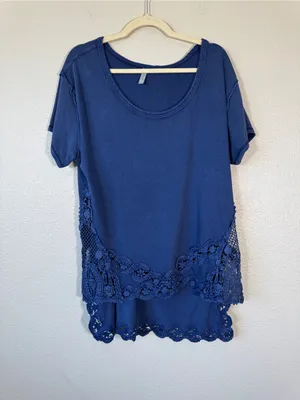 Free People Blue Crochet Short Sleeve Tunic Blouse Womens L Casual Boho thumbnail 8