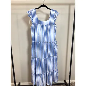 Draper‎ James RSVP Blue White Striped Tiered Midi Dress Ruffle Sleeve Small thumbnail 3