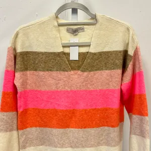 NWT LOFT Women's XS‎ V-Neck Striped Knit Sweater Pink Orange Cream Multi Color thumbnail 3