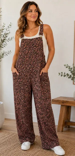 Sm Wardrobe Adjustable Strap Printed Wide-Leg Overalls in Rust Brown thumbnail 1