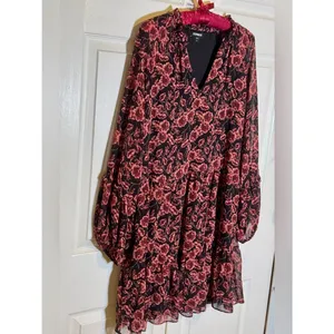 EXPRESS XL Black Mini Dress Black Rose Pink Floral Print Chiffon Flowy Flirty thumbnail 9